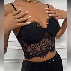 SHEIN Lace Corset Crop Tank Top in Black